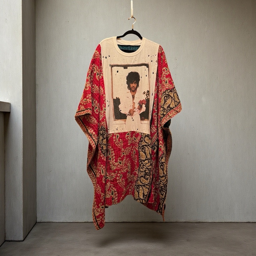 PRINCE Upcycled Band T Kaftan Kantha w Pockets Handmade One of a Kind One Size